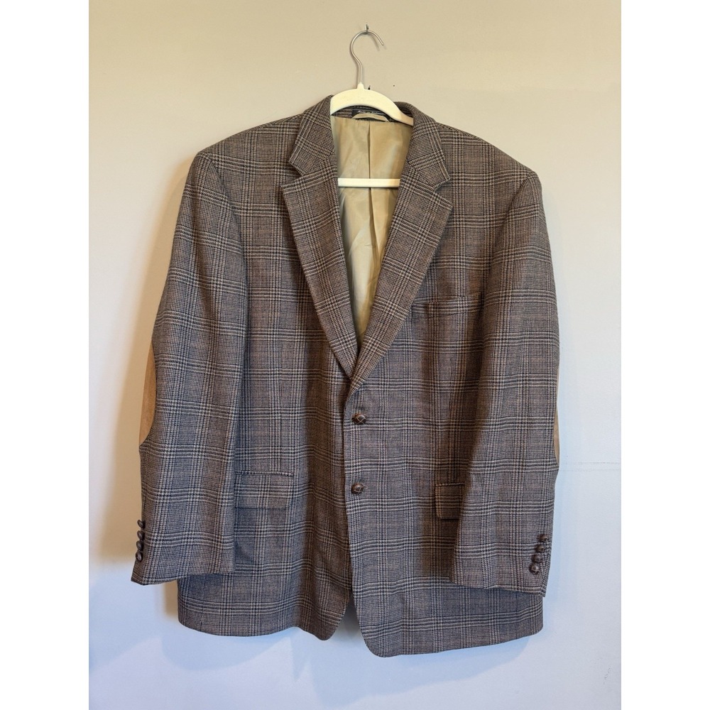 Meeting Street Brown Plaid Lambswool Blazer Leather Elbow Patch 46R Equestrian
